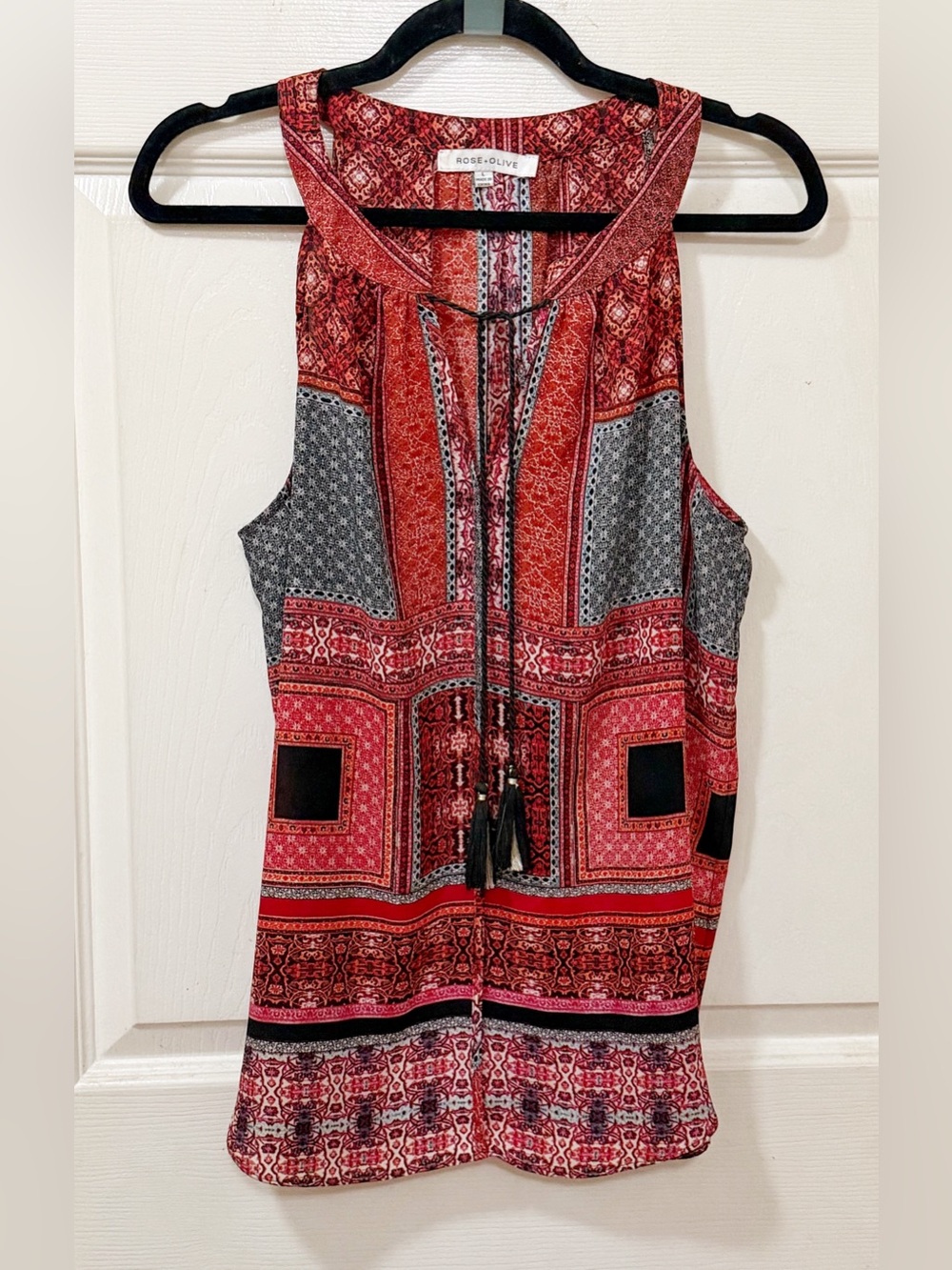 Rose & Olive Red and Black Boho Tie-Front Blouse